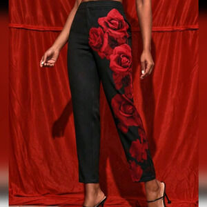 Designer Rose Printed Cigarette Pants,Women Clothes